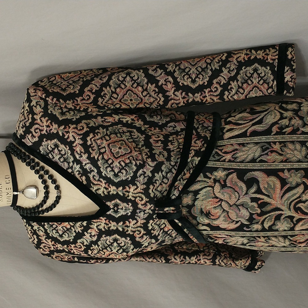Woven Tapestry Dress Vintage OOAK Black Velvet Trim See Measure Long Sleeve Maxi - Picture 2 of 15